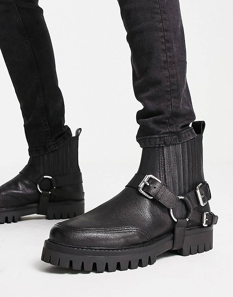 ASRA bruno detachable harness chelsea boots in black leather